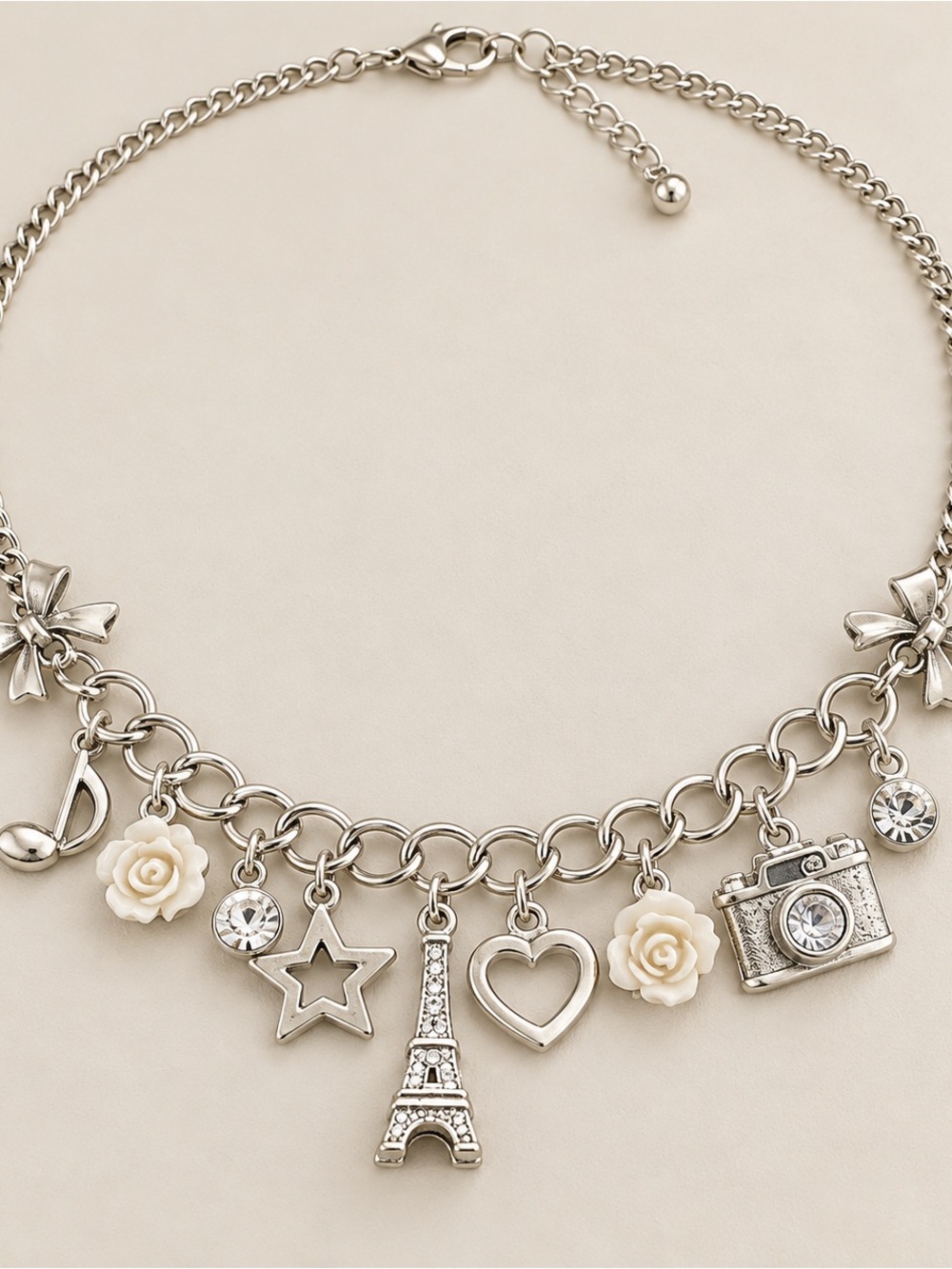 Silver Tone Charm Necklace Eiffel Tower Camera Heart Star Rose Music Note